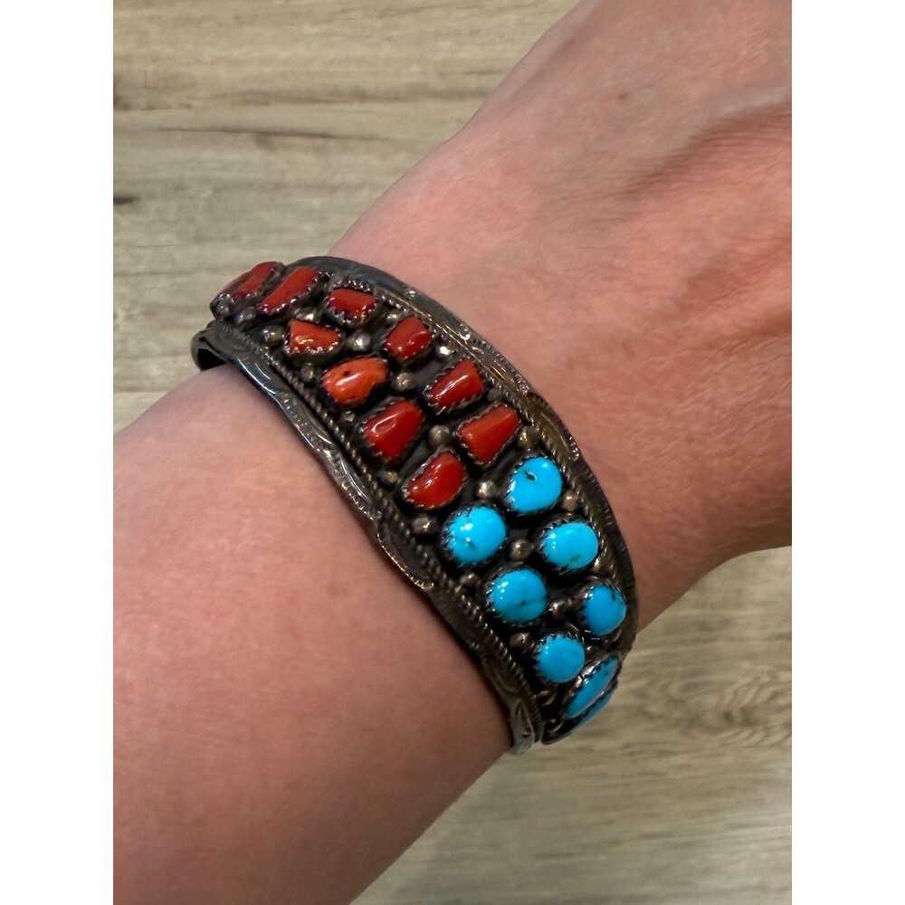 Navajo Yellowhorse Turquoise Coral Sterling Silver Cuff Bracelet Native American - Picture 5 of 16